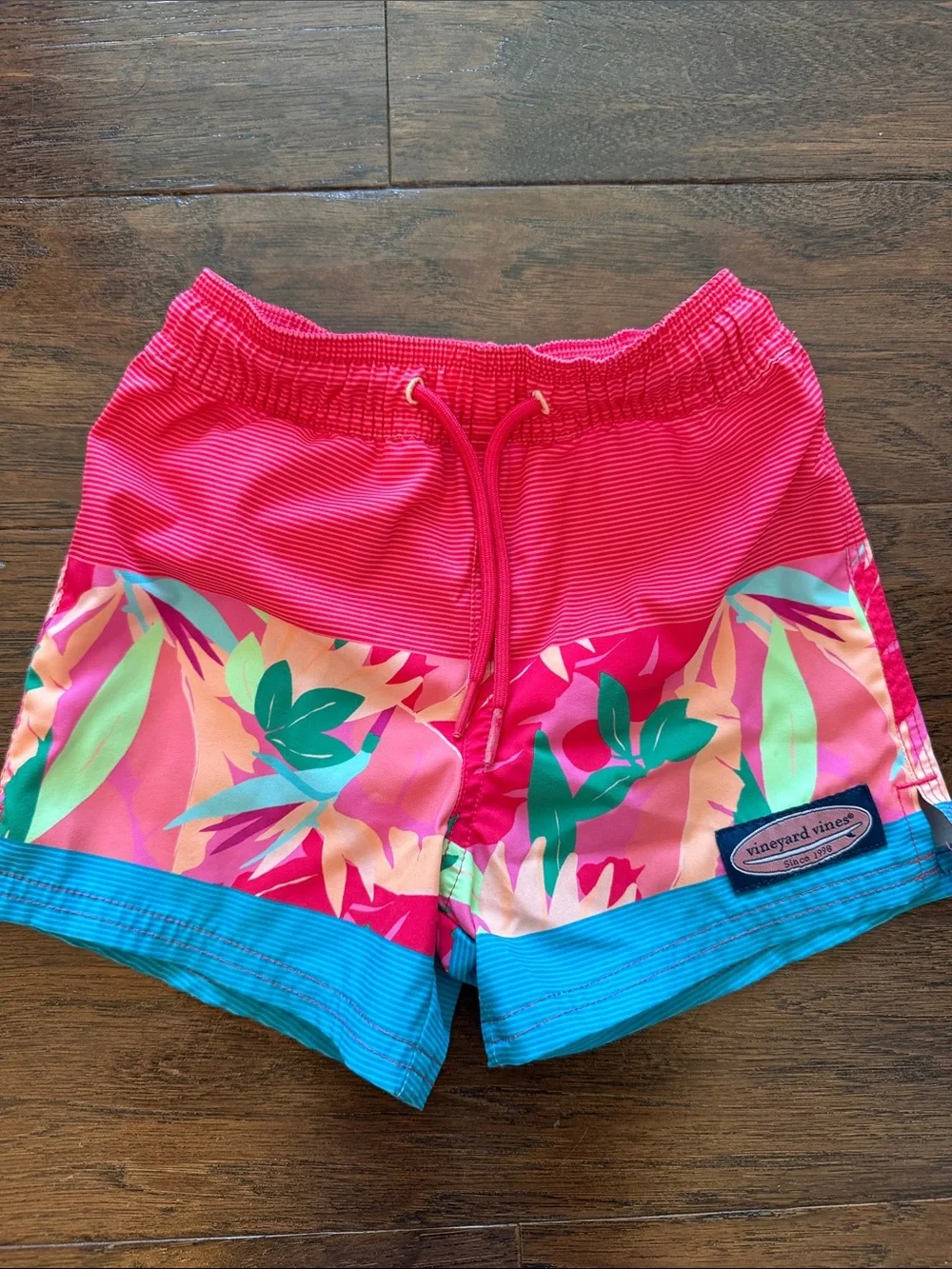 Vineyard Vines Kids Hot Pink Tropical Swim Trunks with Teal Trim